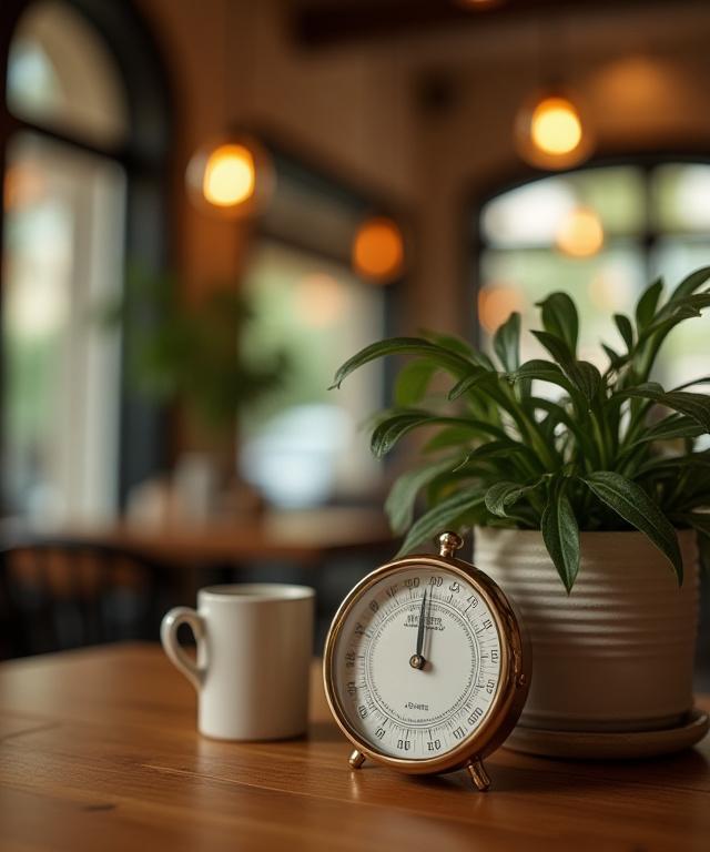 Nærbilde av et barometer og en plante i det lyse interiøret på Breeze & Bean.